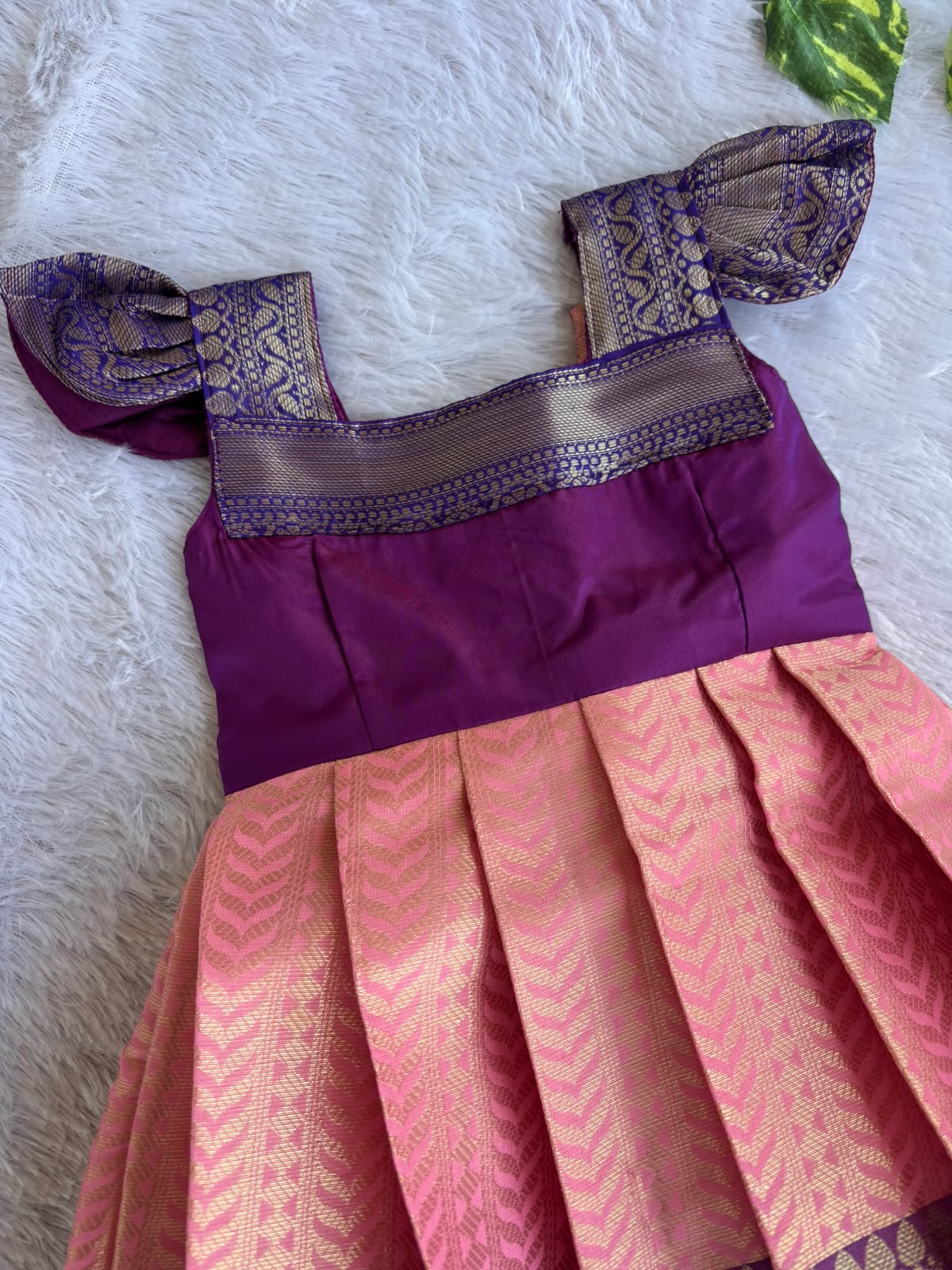 (ETF008)Elegant peach and purple Semi silk-style flared festive dress.