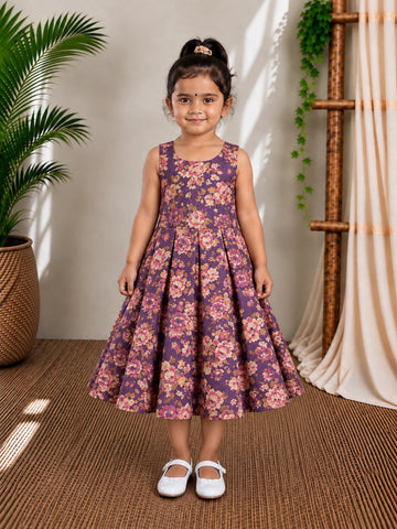 (ETF009) Elegant Purple Floral Pleated Frock