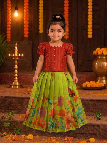 (ETFC003)Festive rust red and lime green floral print Frock with Coat model