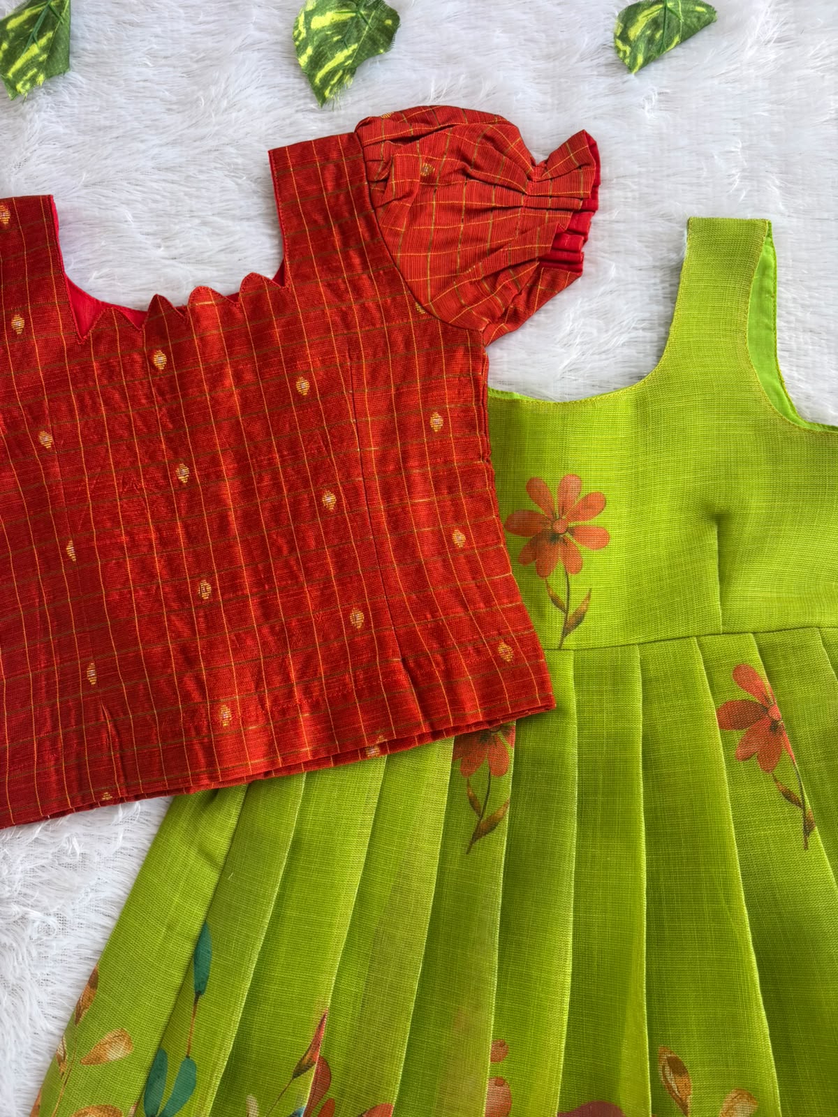 (ETFC003)Festive rust red and lime green floral print Frock with Coat model