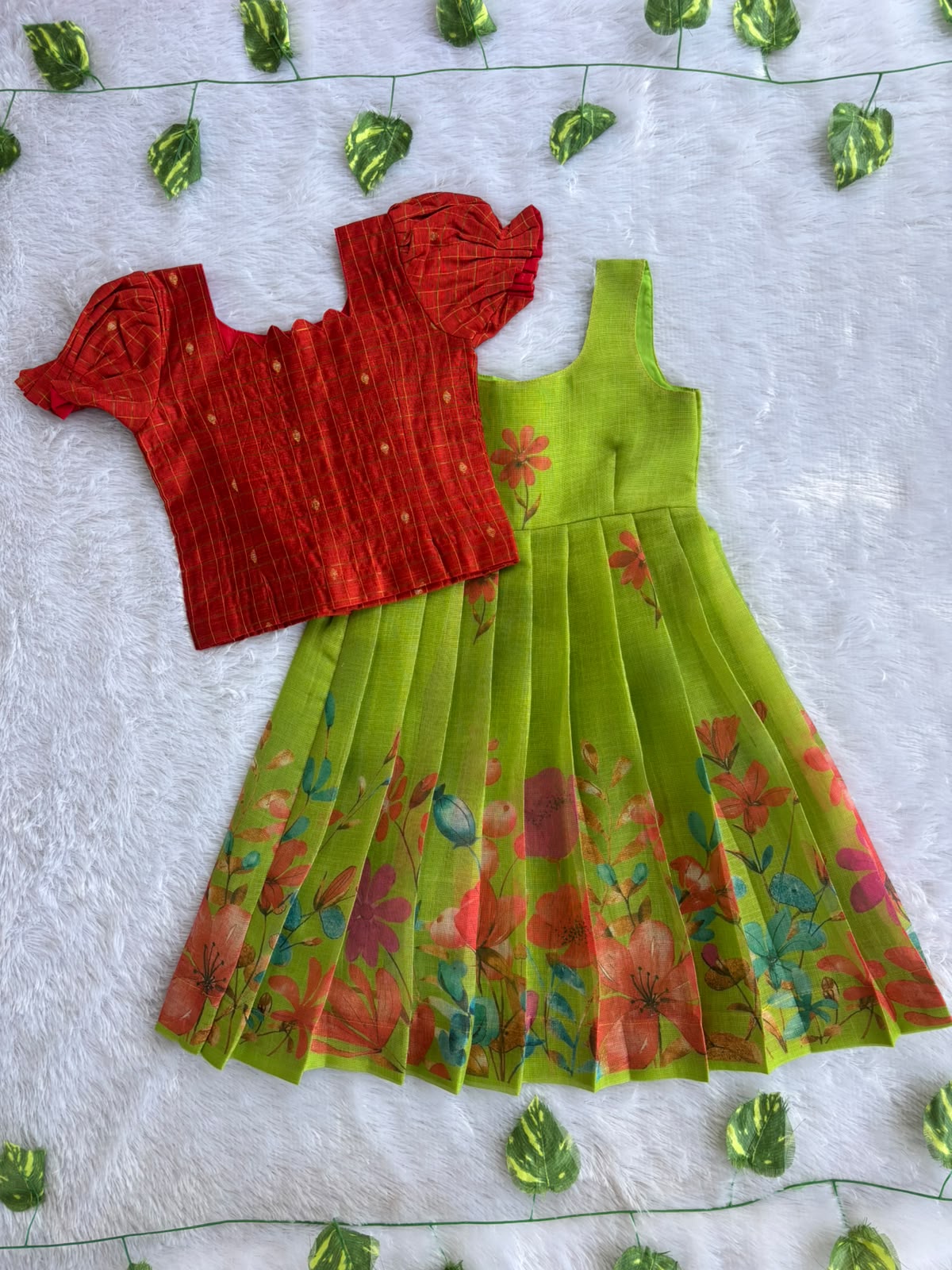 (ETFC003)Festive rust red and lime green floral print Frock with Coat model