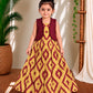 (ETFC005) Vibrant Wine Maroon Jacket with Sandal Yellow Ikat Pleated Ethnic Dress Set