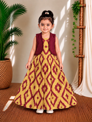 (ETFC005) Vibrant Wine Maroon Jacket with Sandal Yellow Ikat Pleated Ethnic Dress Set