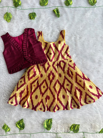 (ETFC005) Vibrant Wine Maroon Jacket with Sandal Yellow Ikat Pleated Ethnic Dress Set
