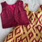 (ETFC005) Vibrant Wine Maroon Jacket with Sandal Yellow Ikat Pleated Ethnic Dress Set