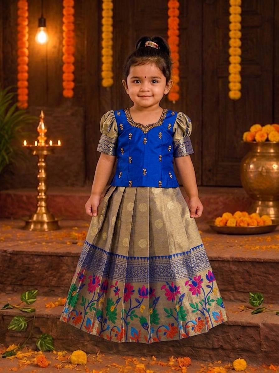 (ETS001) Royal Blue and Antique Gold Girls Traditional Pattu Pavadai Set