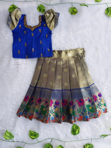 (ETS001) Royal Blue and Antique Gold Girls Traditional Pattu Pavadai Set