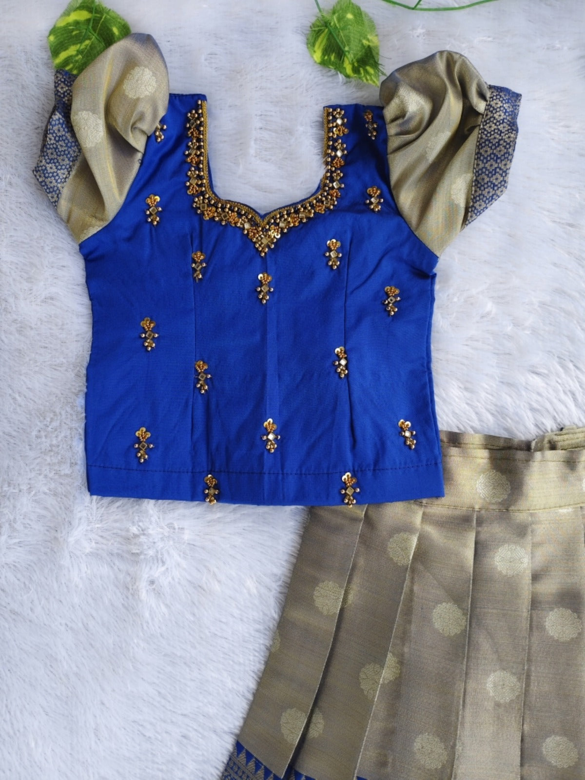 (ETS001) Royal Blue and Antique Gold Girls Traditional Pattu Pavadai Set