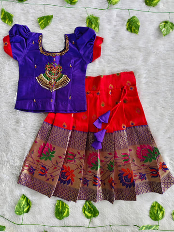 (ETS002)  Traditional Purplish Blue & Red Kids Pattu Pavadai