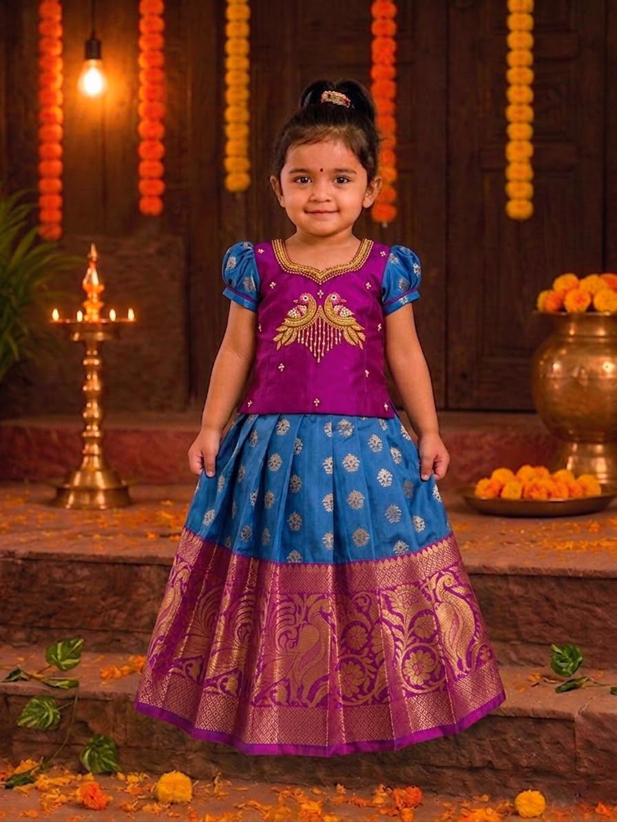 (ETS003) Traditional Magenta & Royal Blue Kids Pattu Pavadai