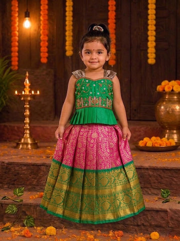 (ETS004) Traditional Green & Pink Kids Pattu Pavadai