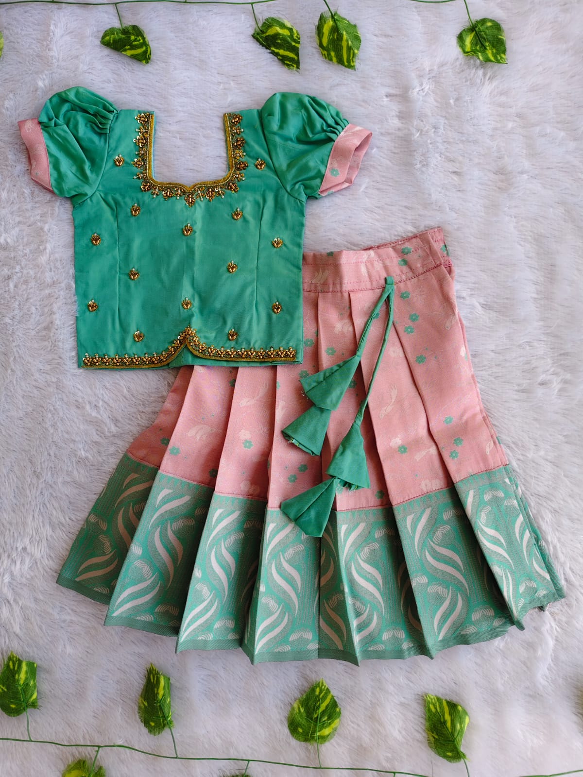 (ETS005) Traditional Greenish Blue & Light Pink Kids Pattu Pavadai