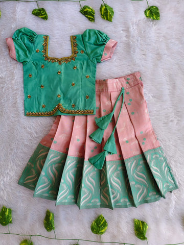 (ETS005) Traditional Greenish Blue & Light Pink Kids Pattu Pavadai