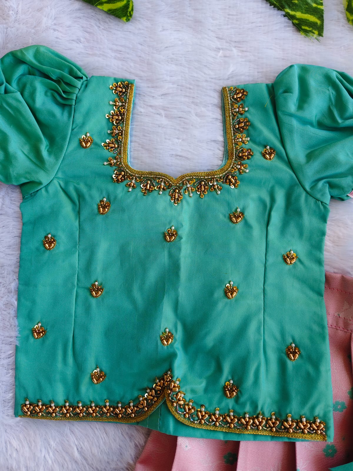 (ETS005) Traditional Greenish Blue & Light Pink Kids Pattu Pavadai