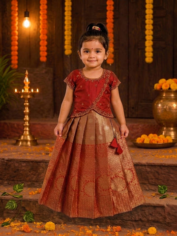 (ETS006) Vibrant Red & Gold Traditional Kids Pattu Pavadai Set