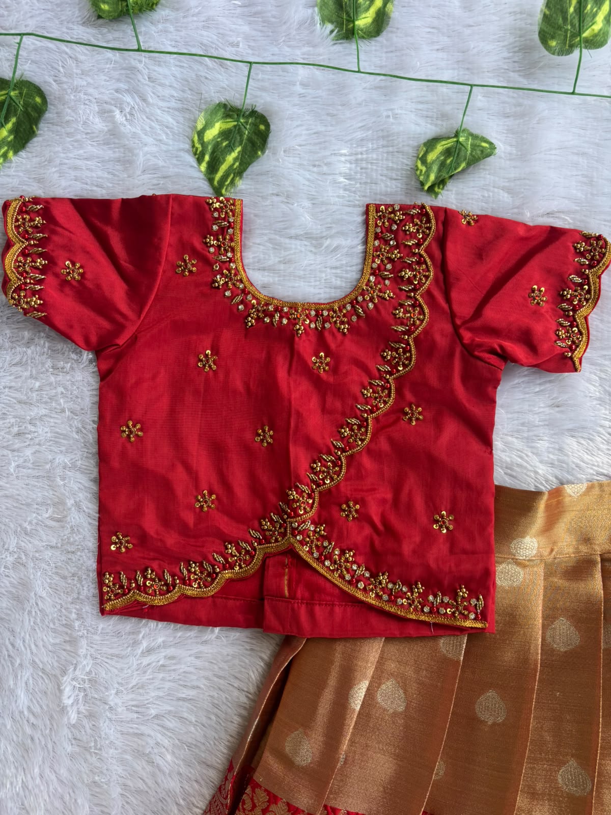 (ETS006) Vibrant Red & Gold Traditional Kids Pattu Pavadai Set