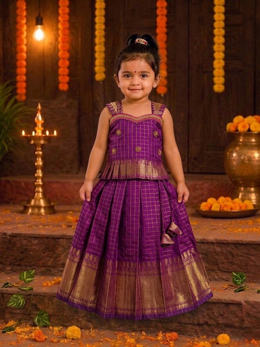 (ETS007) Elegant Ethnic Pattu Pavadai Set for Girls