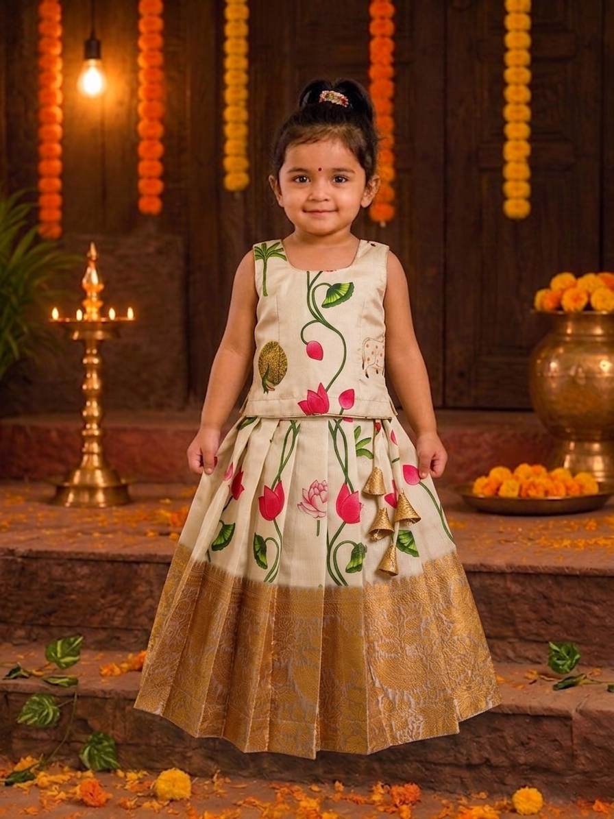 (ETS008) Elegant Lotus Print Kids Ethnic Pattu Pavadai Set