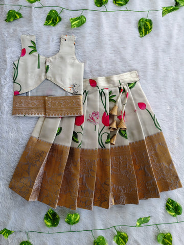 (ETS008) Elegant Lotus Print Kids Ethnic Pattu Pavadai Set