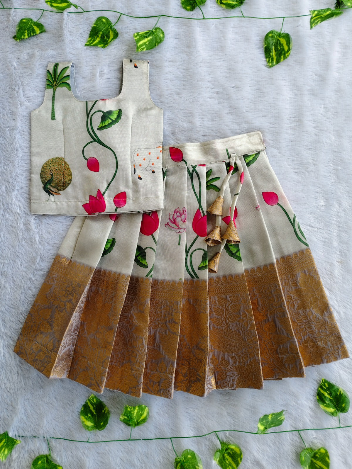 (ETS008) Elegant Lotus Print Kids Ethnic Pattu Pavadai Set