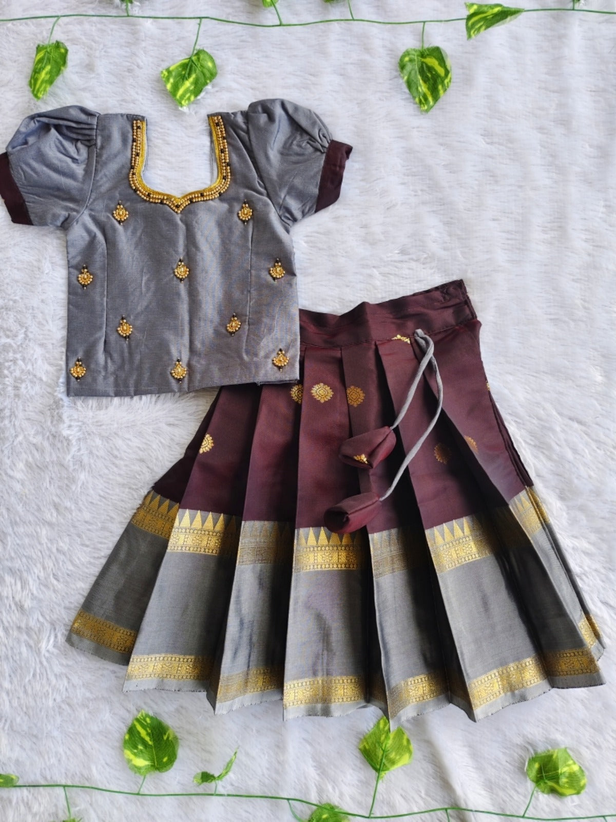 (ETS011) Elegant Grey and Maroon Traditional Pattu Pavadai Set