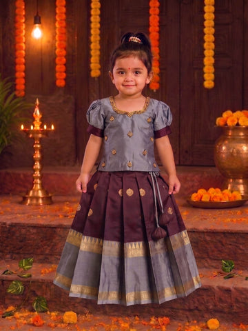 (ETS011) Elegant Grey and Maroon Traditional Pattu Pavadai Set