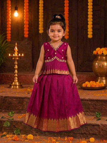 (ETS013) Radiant Magenta Pleated Ethnic Top and Skirt Set
