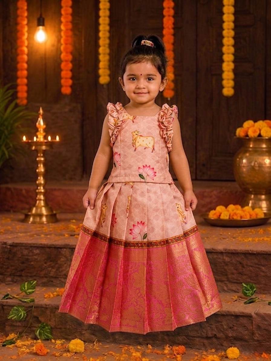 (ETS014) Traditional Pichwai Motifs Girl's Pattu Pavadai Set