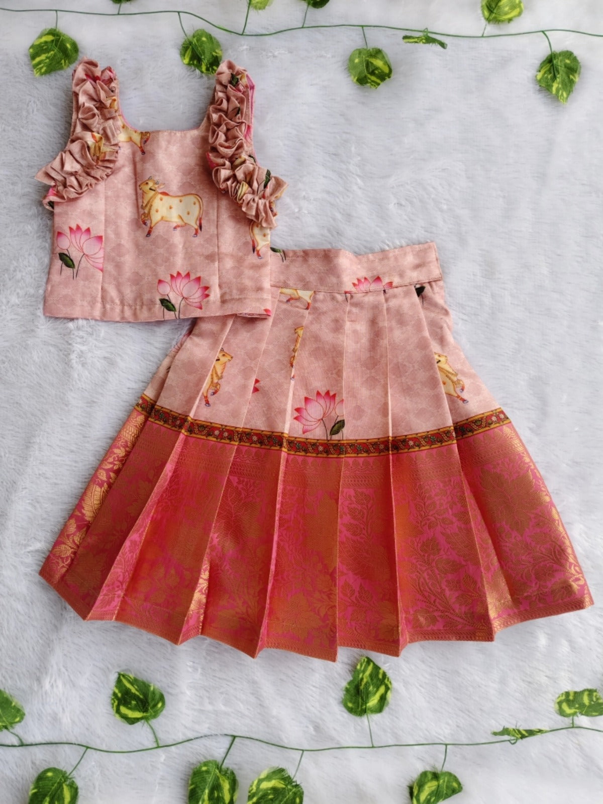 (ETS014) Traditional Pichwai Motifs Girl's Pattu Pavadai Set