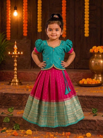 (ETS015) Elegant Teal and Magenta Girls Traditional Pattu Pavadai Set