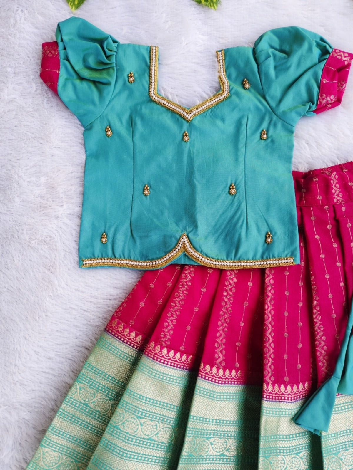 (ETS015) Elegant Teal and Magenta Girls Traditional Pattu Pavadai Set