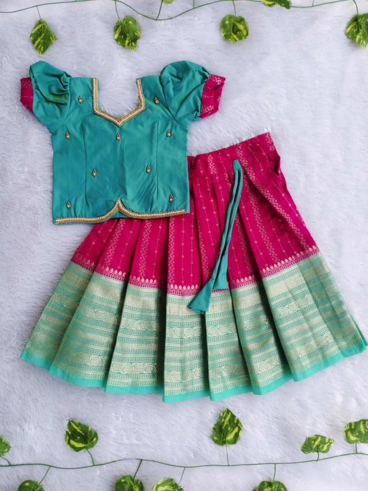 (ETS015) Elegant Teal and Magenta Girls Traditional Pattu Pavadai Set
