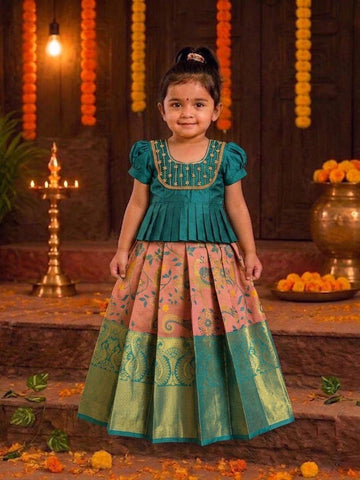 (ETS016) Elegant Traditional Teal & Peach Pattu Pavadai Set
