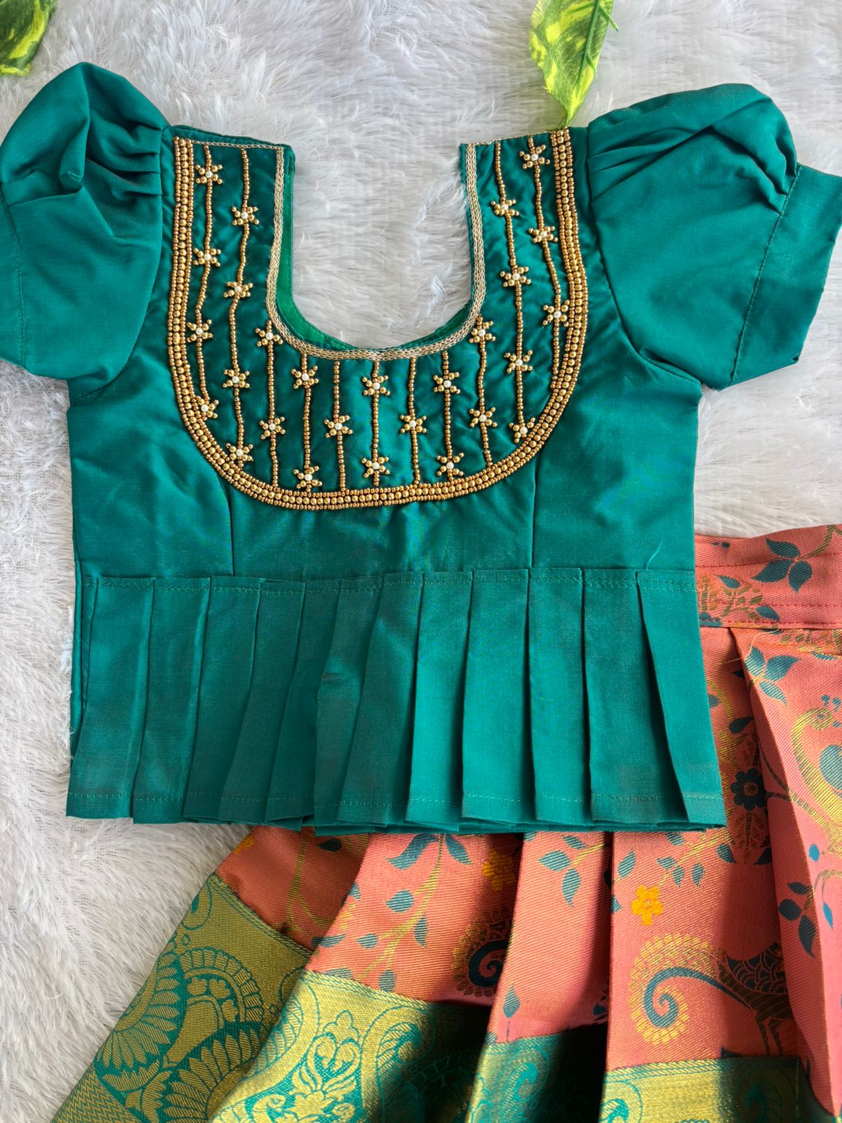 (ETS016) Elegant Traditional Teal & Peach Pattu Pavadai Set