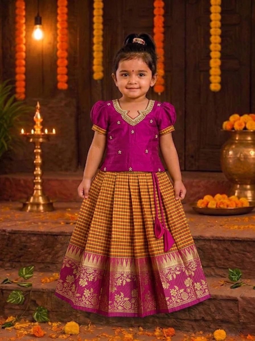 (ETS018) Vibrant Rani Pink & Mustard Yellow Checked Pattu Pavadai Set