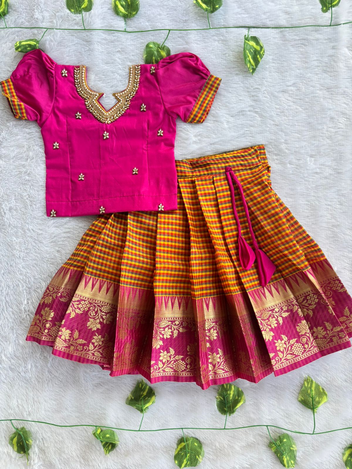 (ETS018) Vibrant Rani Pink & Mustard Yellow Checked Pattu Pavadai Set