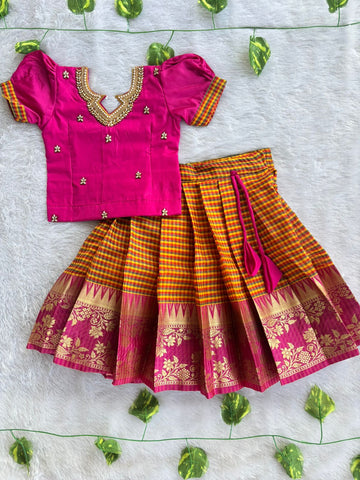 (ETS018) Vibrant Rani Pink & Mustard Yellow Checked Pattu Pavadai Set