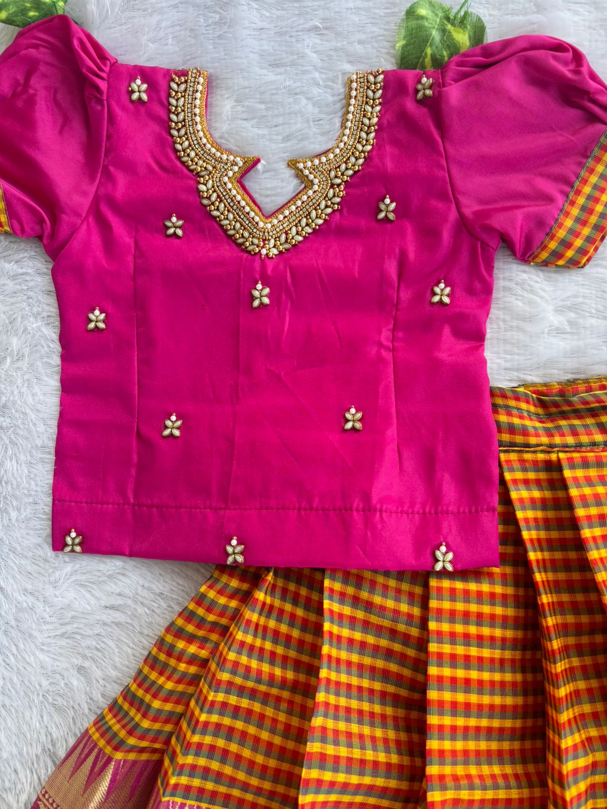 (ETS018) Vibrant Rani Pink & Mustard Yellow Checked Pattu Pavadai Set