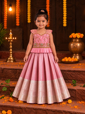 (ETS020) Elegant Pink & Silver Embroidered Silk Pattu Pavadai Set