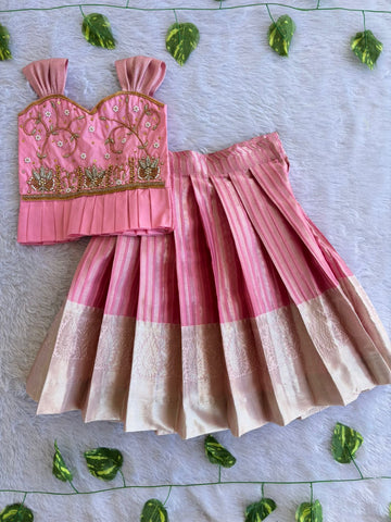 (ETS020) Elegant Pink & Silver Embroidered Silk Pattu Pavadai Set