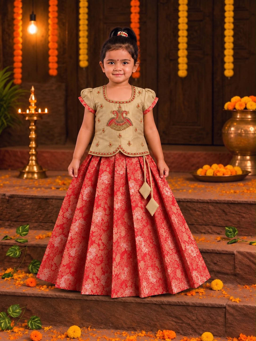 (ETS021)Gold and Red Embroidered Peacock Motif Top with Brocade Pleated Set