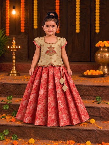 (ETS021)Gold and Red Embroidered Peacock Motif Top with Brocade Pleated Set