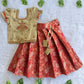 (ETS021)Gold and Red Embroidered Peacock Motif Top with Brocade Pleated Set