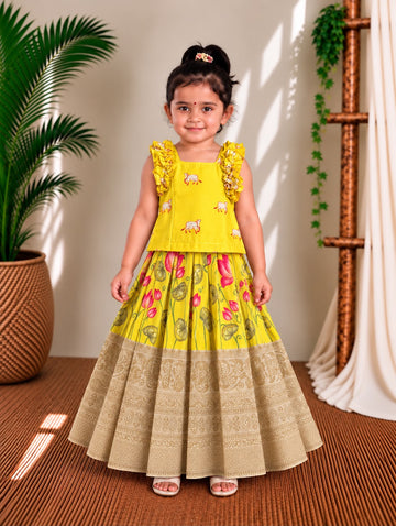 (ETS022) Sunny Yellow Lotus Ethnic Ruffled Lehenga Set