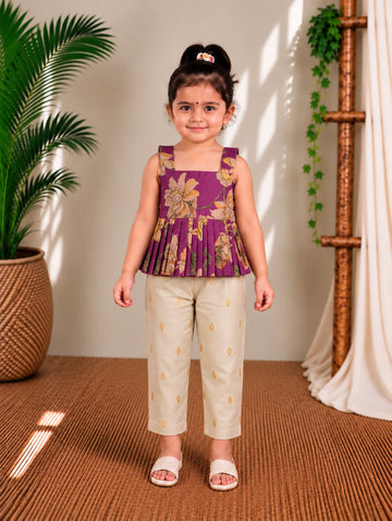(ETTP002) Elegant Botanical Print Peplum Top with Rawsilk  Pants Set