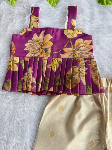 (ETTP002) Elegant Botanical Print Peplum Top with Rawsilk  Pants Set