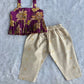 (ETTP002) Elegant Botanical Print Peplum Top with Rawsilk  Pants Set