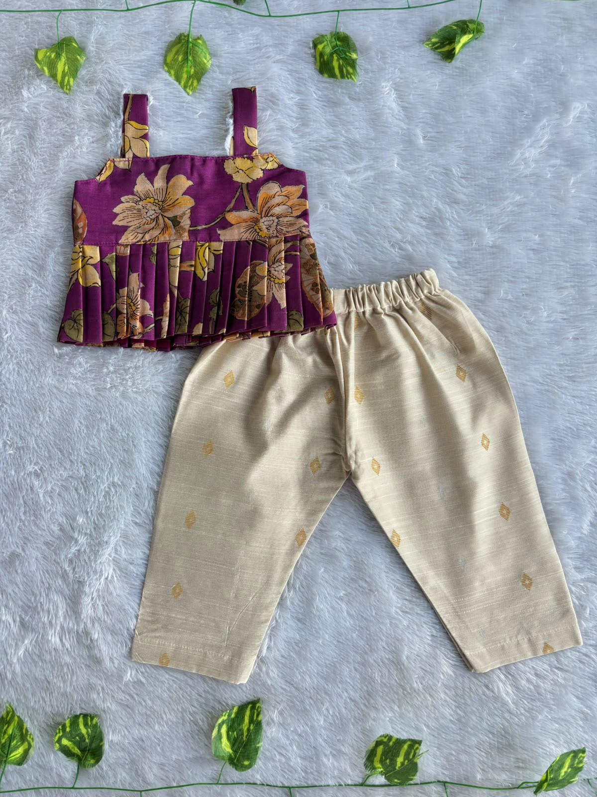 (ETTP002) Elegant Botanical Print Peplum Top with Rawsilk  Pants Set