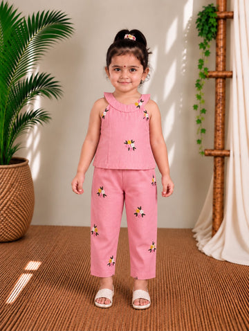 (ETTP003) Charming Floral Embroidered Pink Top and Trouser Set
