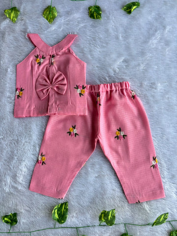 (ETTP003) Charming Floral Embroidered Pink Top and Trouser Set